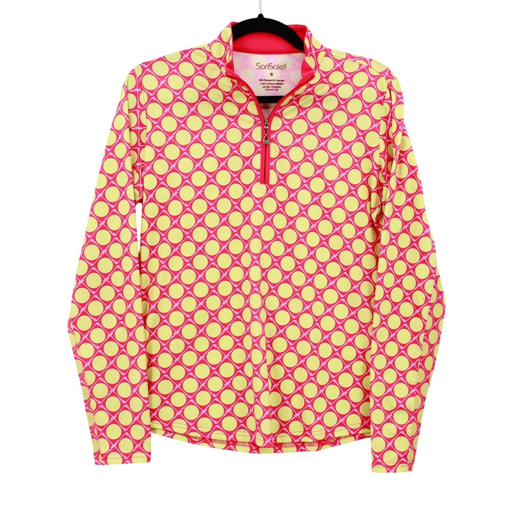 SanSoleil SolCool Womens Top Small Pink Lime Golf Ball Print UV 50 Quarter Zip
